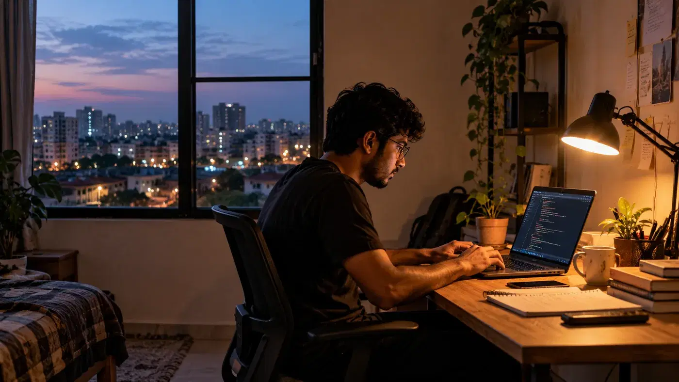 A developer coding late at night at a desk by a window over the Surat skyline