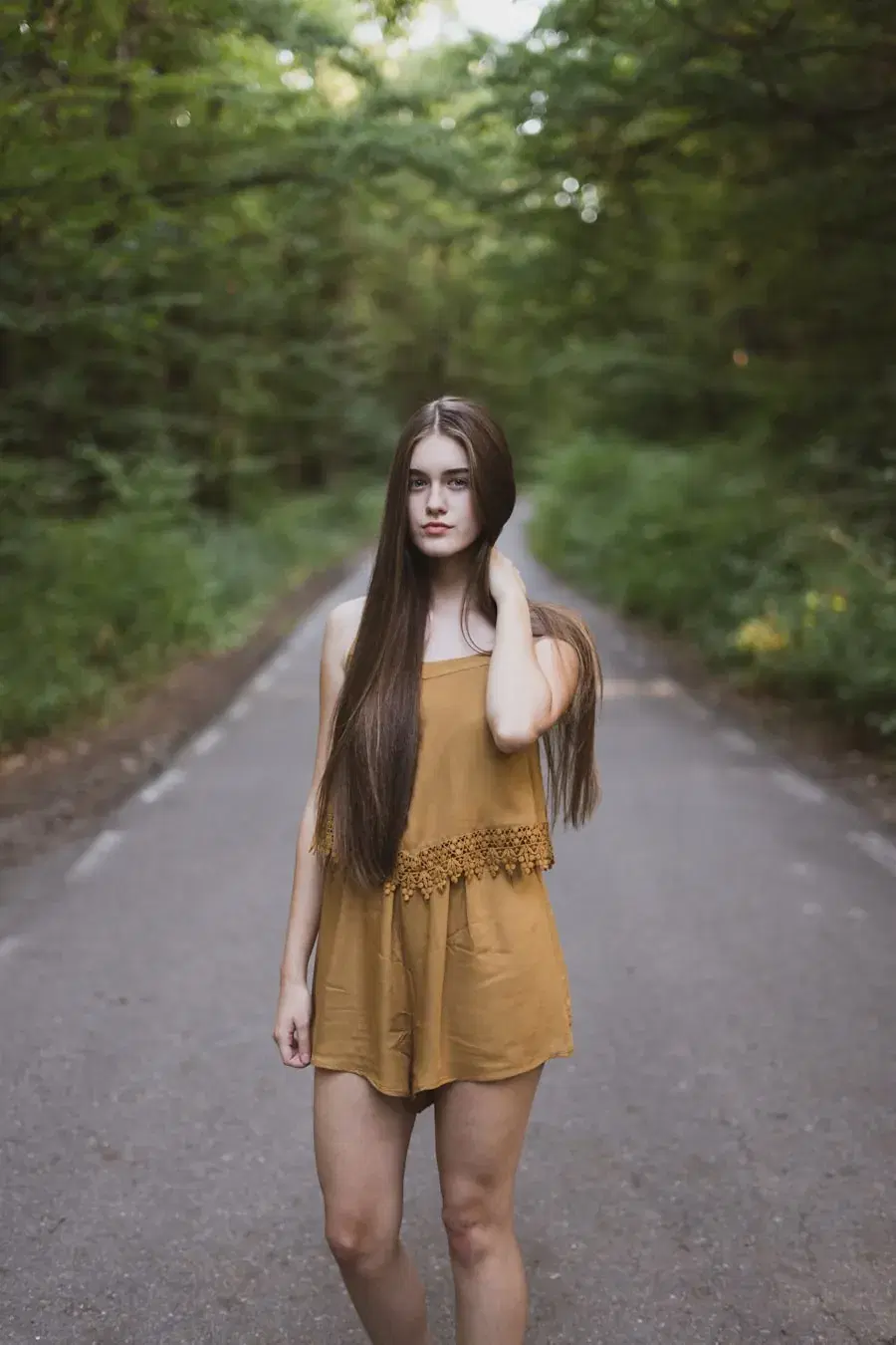 Traveller standing on a forest road