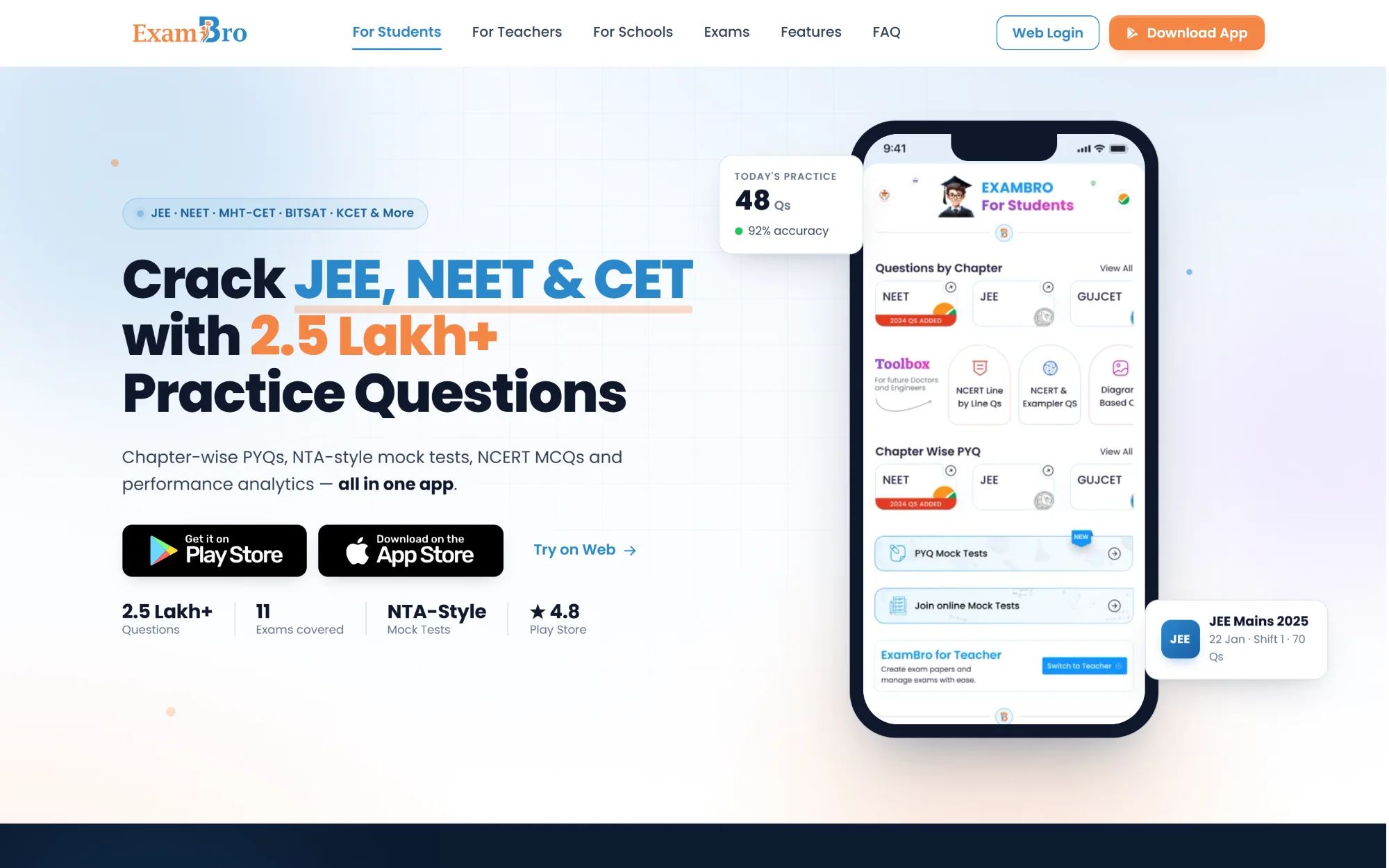 ExamBro for Students page showing JEE, NEET and CET practice with 2.5 lakh+ questions