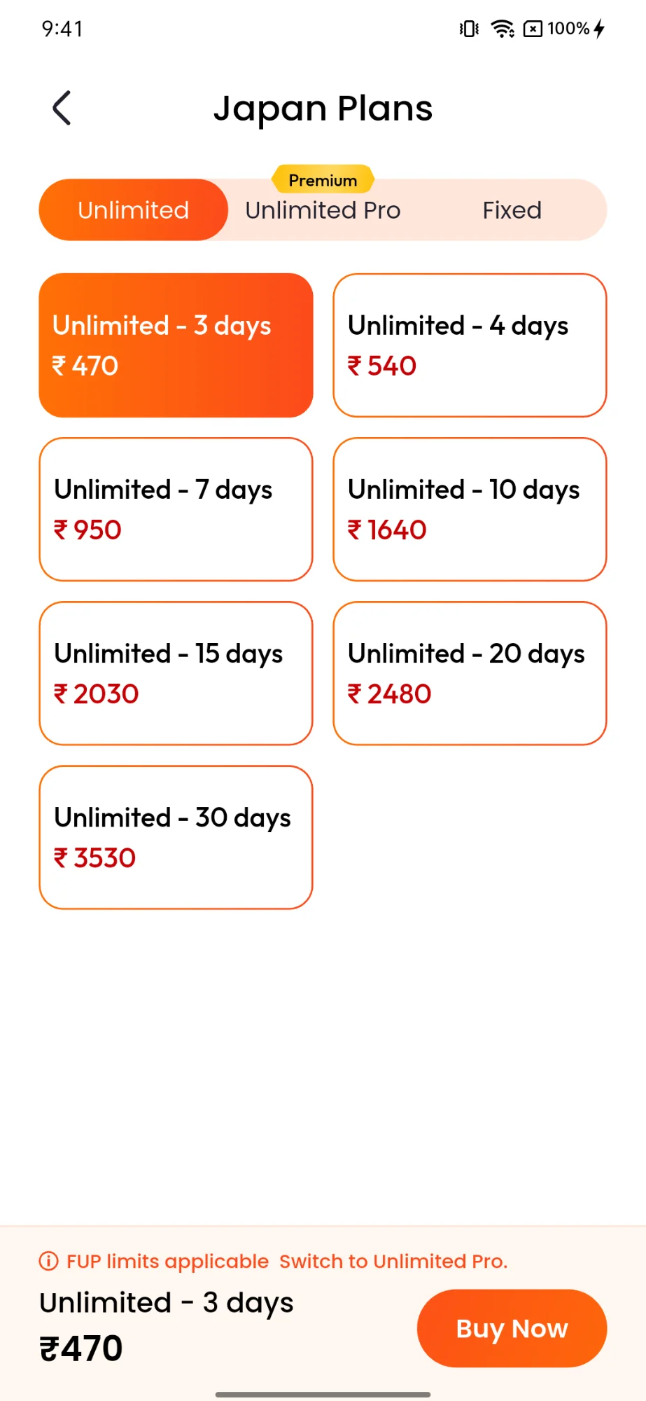 Olysim app Japan Plans screen with Unlimited, Unlimited Pro and Fixed tabs, listing plan durations from 3 to 30 days with prices and a Buy Now button.