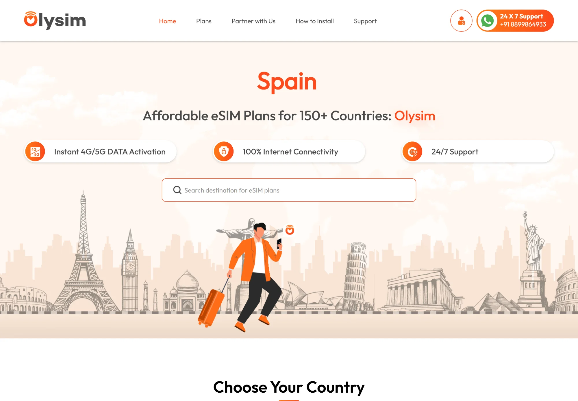 Olysim website home page with eSIM plan search and a traveler illustration.