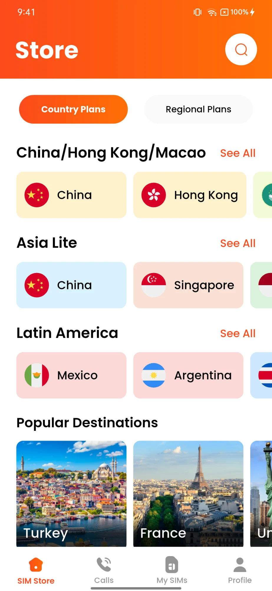Olysim app Store screen with Country Plans and Regional Plans tabs, showing flag cards for China, Hong Kong, Singapore, Mexico and Argentina, and a Popular Destinations row.