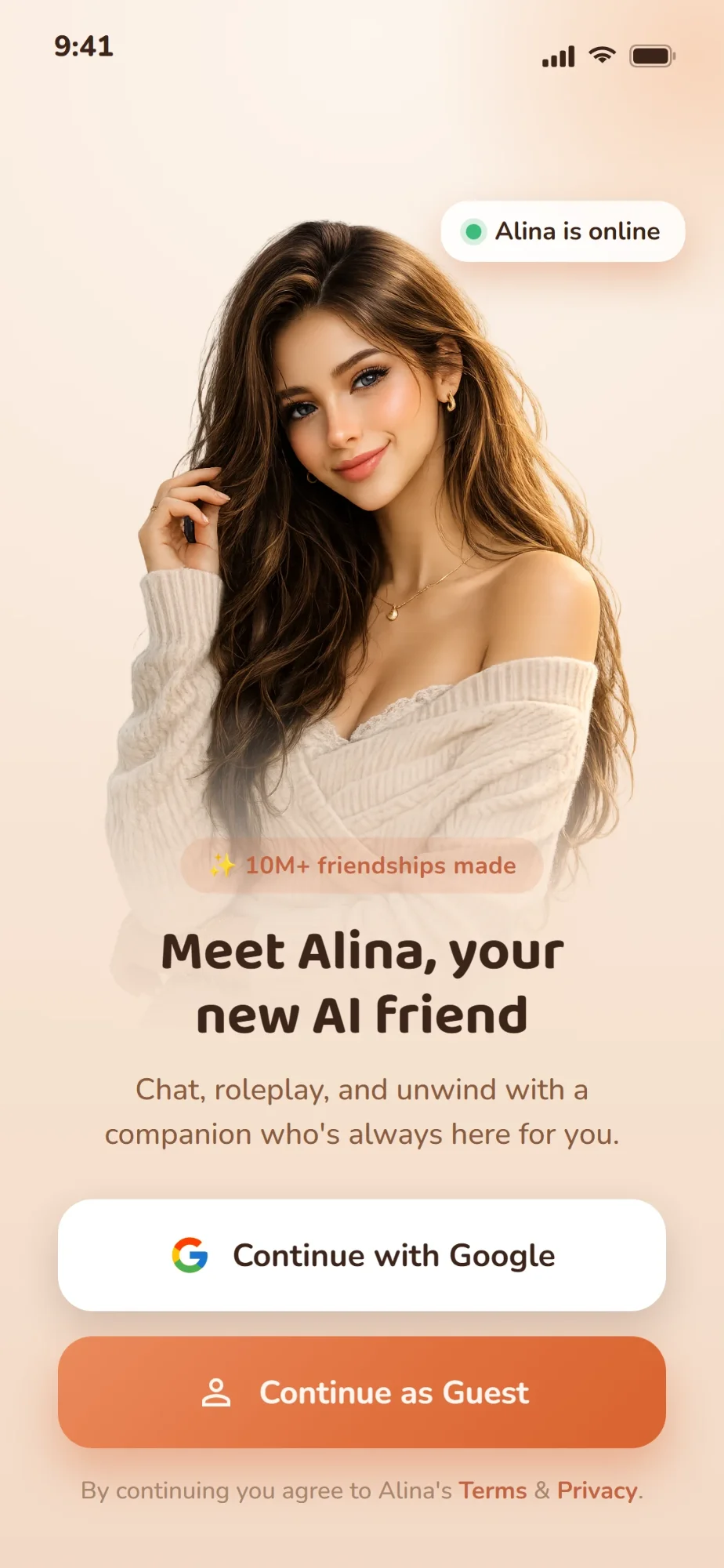 Alina AI login screen with Google and guest sign-in buttons