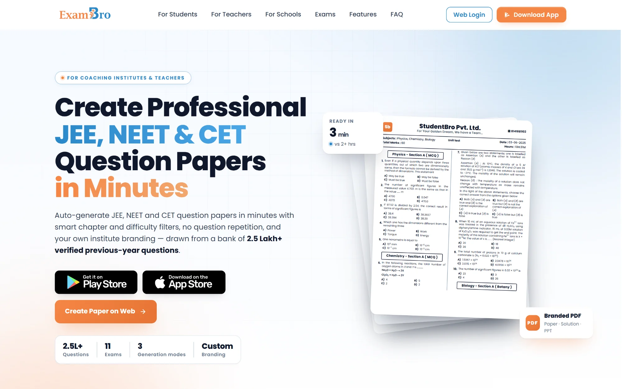 ExamBro question paper generator page with a branded sample paper
