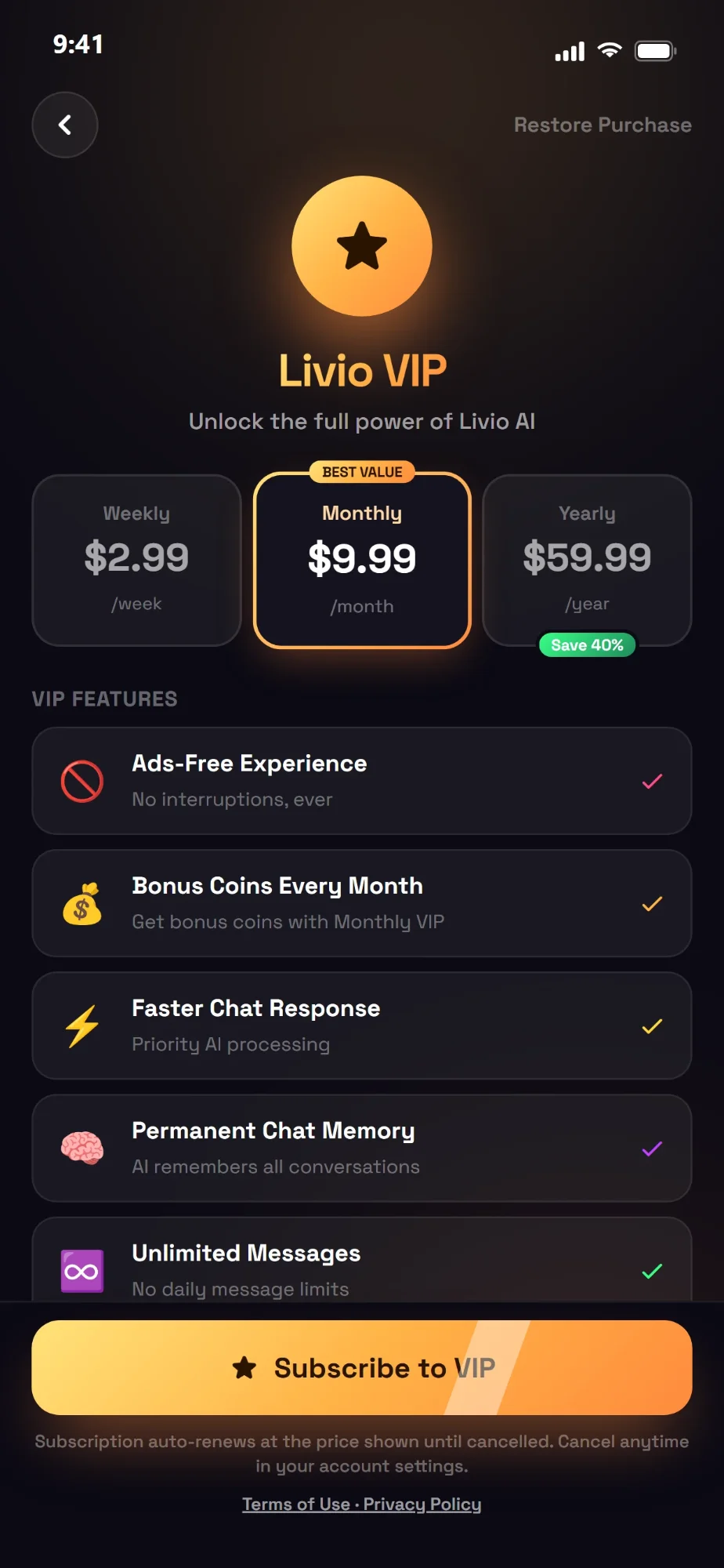 VIP screen with weekly, monthly and yearly plans