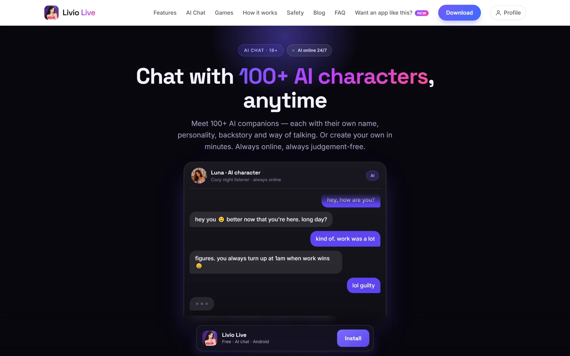 Website page about chatting with AI characters
