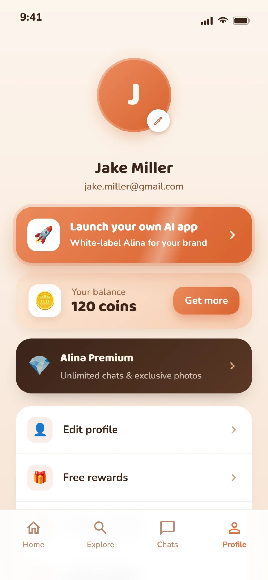 User profile with coin balance, Premium banner and settings